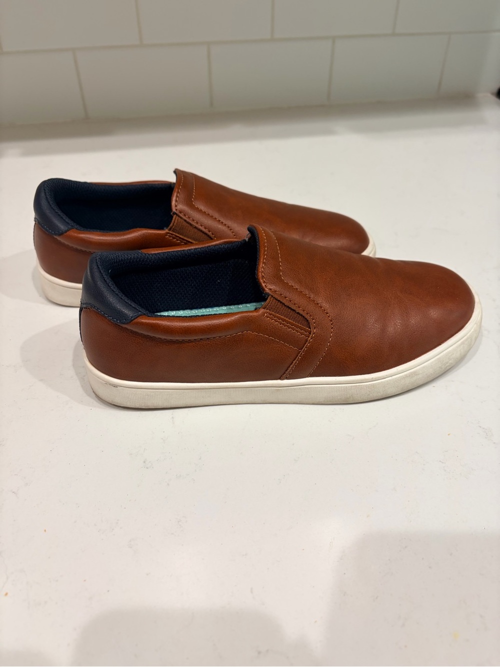 Dr. Scholl's Slip-On Kids Dress Shoes in Brown with Navy Collar